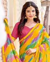 Vishal Prints Golden Yellow Printed Patterned Georgette Saree With Fancy Border