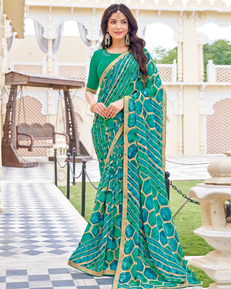Vishal Prints Pine Green And Ocean Blue Printed Patterned Georgette Saree With Fancy Border