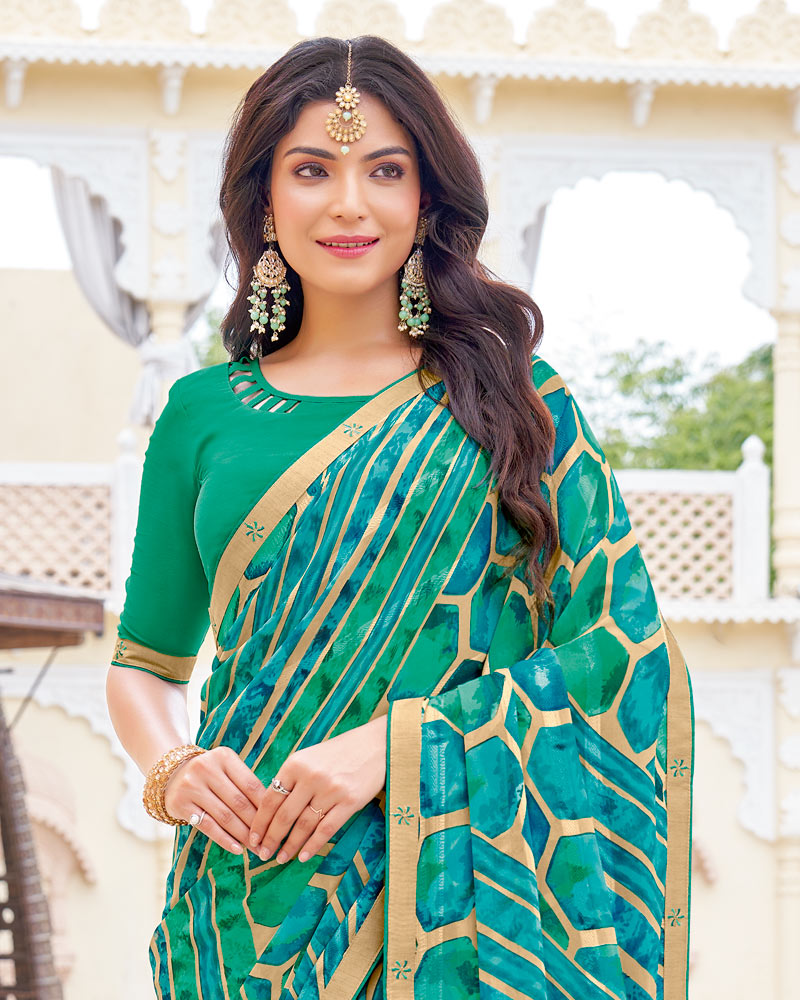 Vishal Prints Pine Green And Ocean Blue Printed Patterned Georgette Saree With Fancy Border