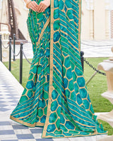 Vishal Prints Pine Green And Ocean Blue Printed Patterned Georgette Saree With Fancy Border