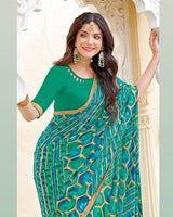 Vishal Prints Pine Green And Ocean Blue Printed Patterned Georgette Saree With Fancy Border