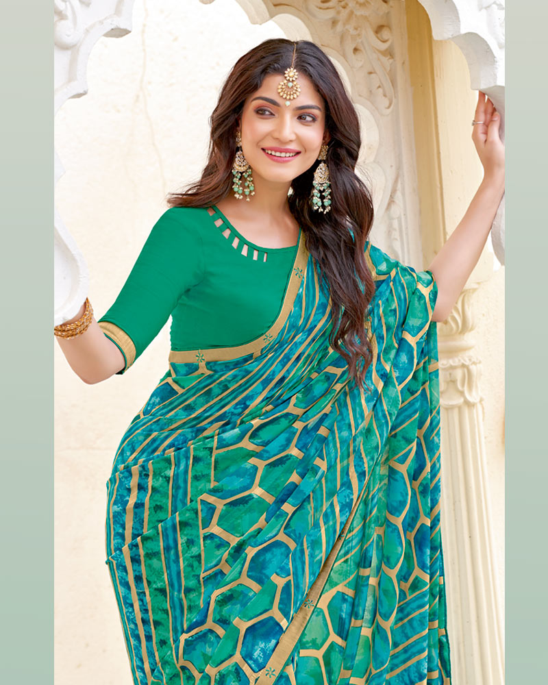 Vishal Prints Pine Green And Ocean Blue Printed Patterned Georgette Saree With Fancy Border