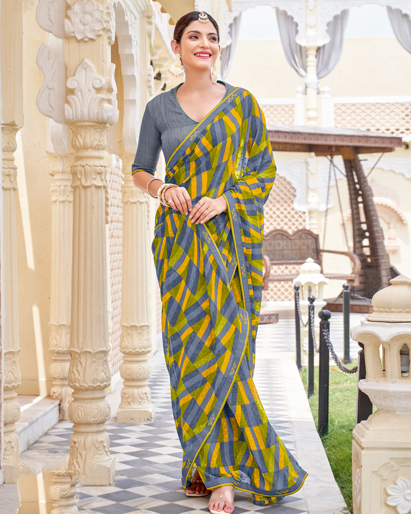 Vishal Prints Burnt Yellow And Oslo Grey Printed Patterned Georgette Saree With Fancy Border