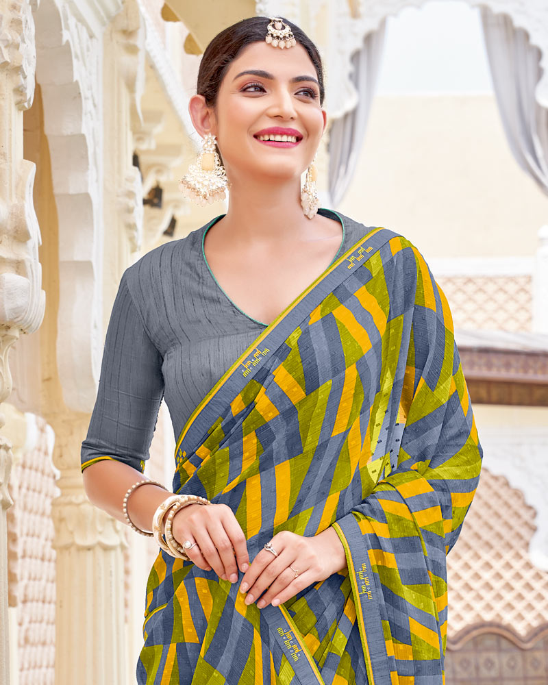 Vishal Prints Burnt Yellow And Oslo Grey Printed Patterned Georgette Saree With Fancy Border