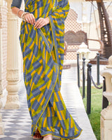 Vishal Prints Burnt Yellow And Oslo Grey Printed Patterned Georgette Saree With Fancy Border