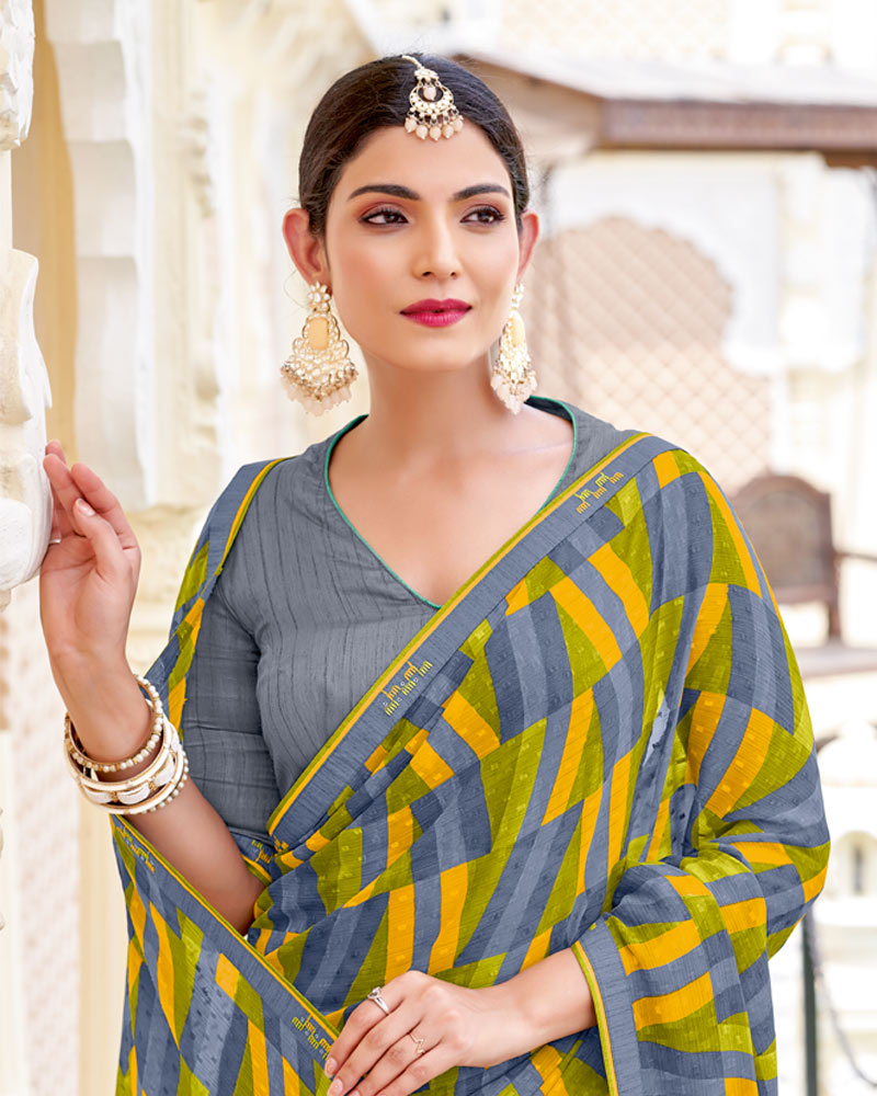 Vishal Prints Burnt Yellow And Oslo Grey Printed Patterned Georgette Saree With Fancy Border