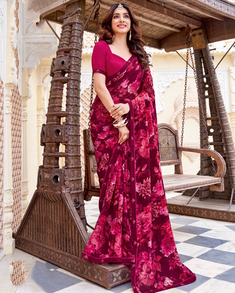 Vishal Prints Wine Berry And Carmine Pink Printed Patterned Georgette Saree With Fancy Border