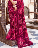 Vishal Prints Wine Berry And Carmine Pink Printed Patterned Georgette Saree With Fancy Border