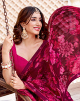 Vishal Prints Wine Berry And Carmine Pink Printed Patterned Georgette Saree With Fancy Border
