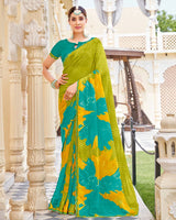 Vishal Prints Persian Green And Olive Yellow Printed Patterned Georgette Saree With Fancy Border