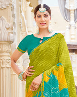 Vishal Prints Persian Green And Olive Yellow Printed Patterned Georgette Saree With Fancy Border