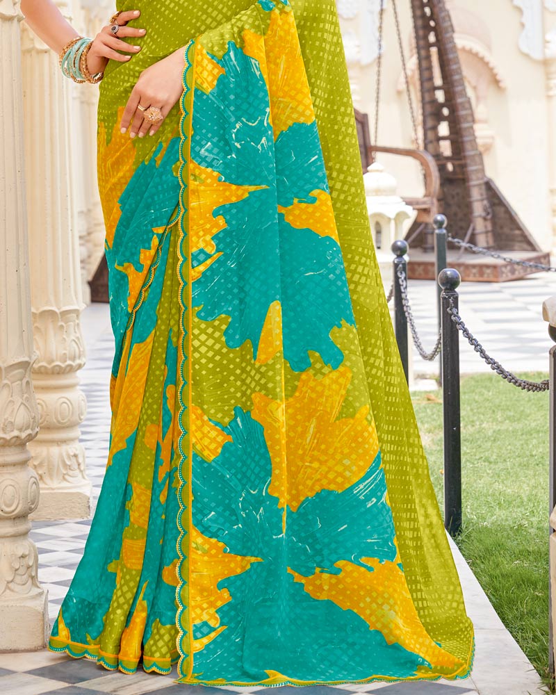 Vishal Prints Persian Green And Olive Yellow Printed Patterned Georgette Saree With Fancy Border