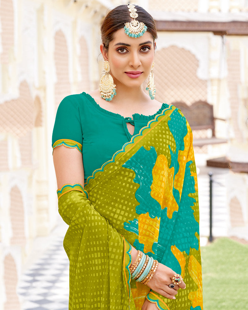Vishal Prints Persian Green And Olive Yellow Printed Patterned Georgette Saree With Fancy Border