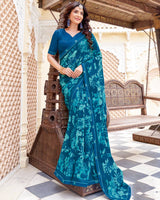 Vishal Prints Venice Blue Printed Patterned Georgette Saree With Fancy Border