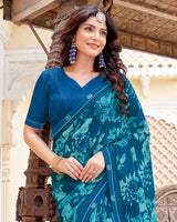 Vishal Prints Venice Blue Printed Patterned Georgette Saree With Fancy Border