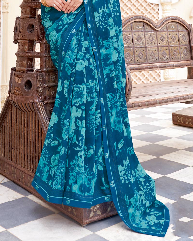 Vishal Prints Venice Blue Printed Patterned Georgette Saree With Fancy Border