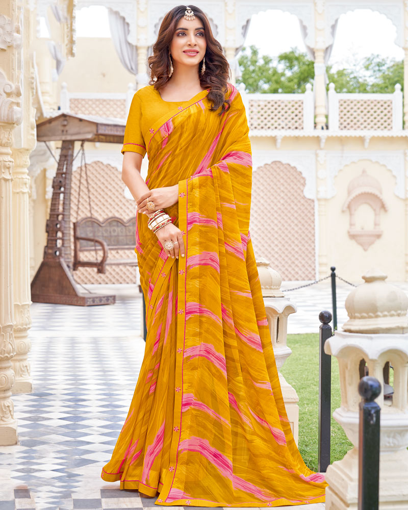 Vishal Prints Burnt Dark Orange Printed Patterned Georgette Saree With Fancy Border