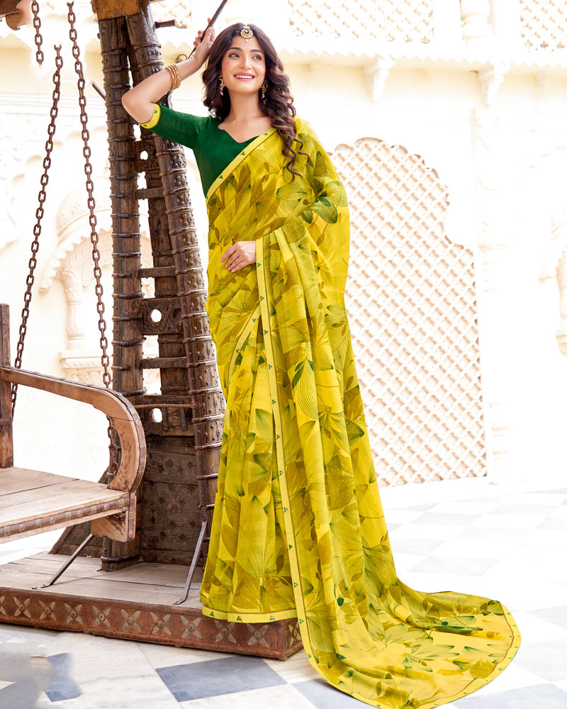 Vishal Prints Dusty Dark Yellow Printed Patterned Georgette Saree With Fancy Border