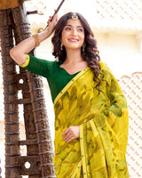 Vishal Prints Dusty Dark Yellow Printed Patterned Georgette Saree With Fancy Border
