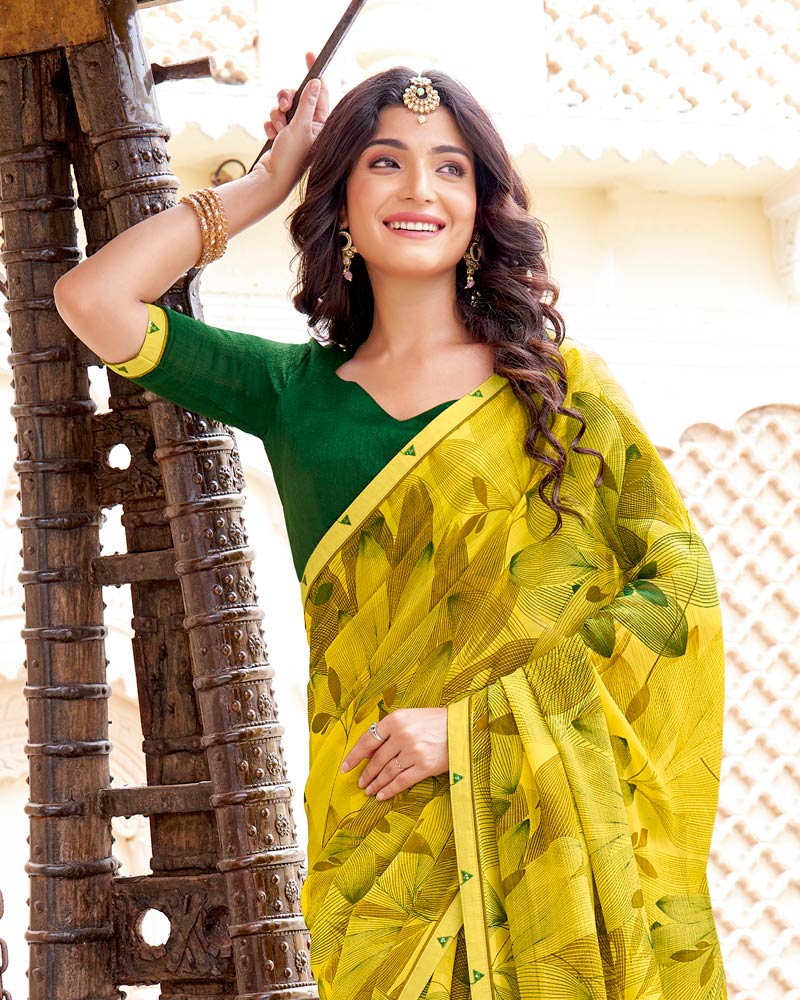 Vishal Prints Dusty Dark Yellow Printed Patterned Georgette Saree With Fancy Border