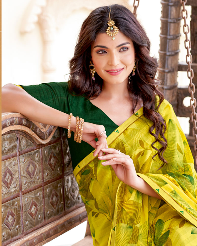 Vishal Prints Dusty Dark Yellow Printed Patterned Georgette Saree With Fancy Border
