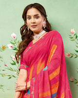 Vishal Prints Red Pink Printed Georgette Saree With Border