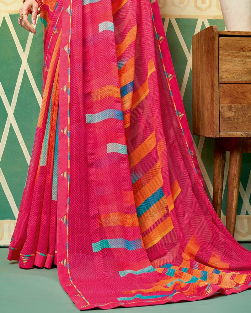 Vishal Prints Red Pink Printed Georgette Saree With Border