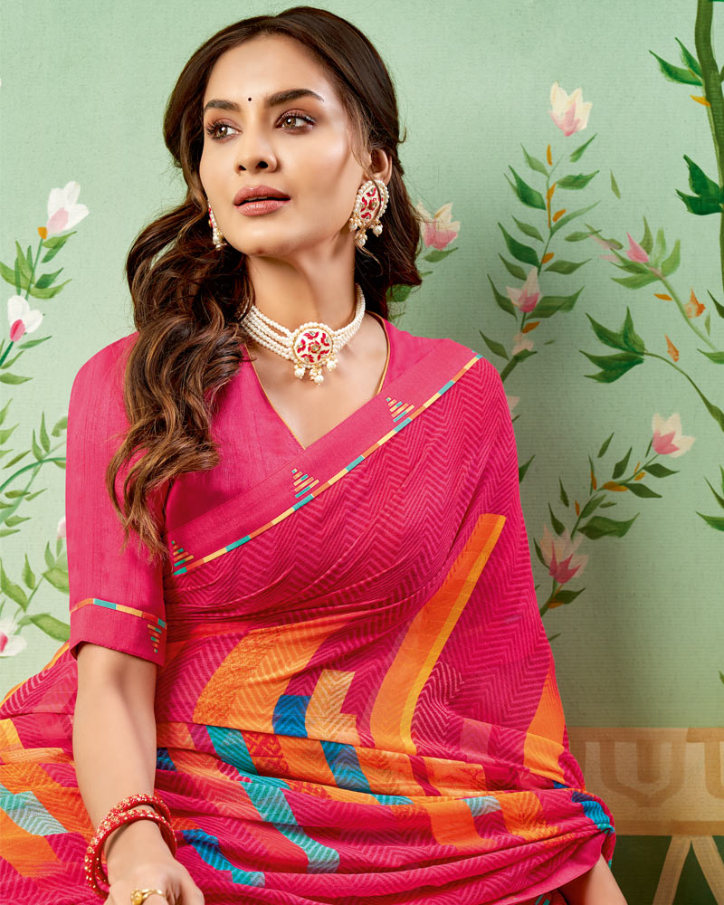 Vishal Prints Red Pink Printed Georgette Saree With Border