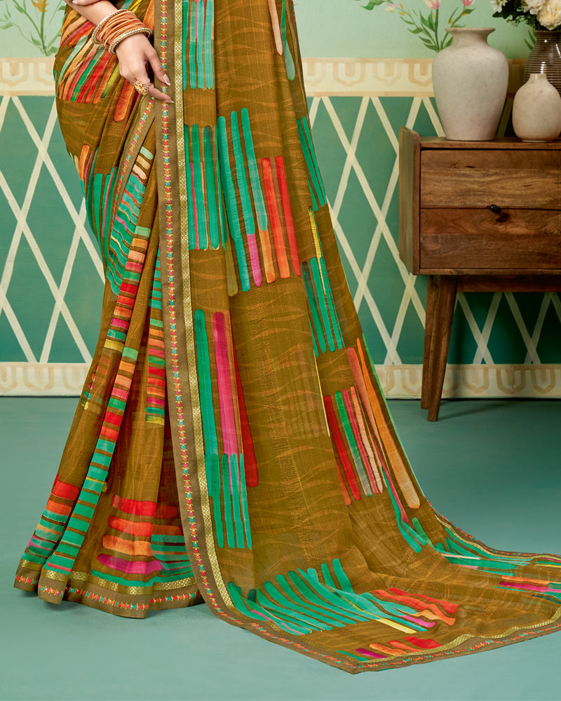 Vishal Prints Dark Mustard Printed Georgette Saree With Border