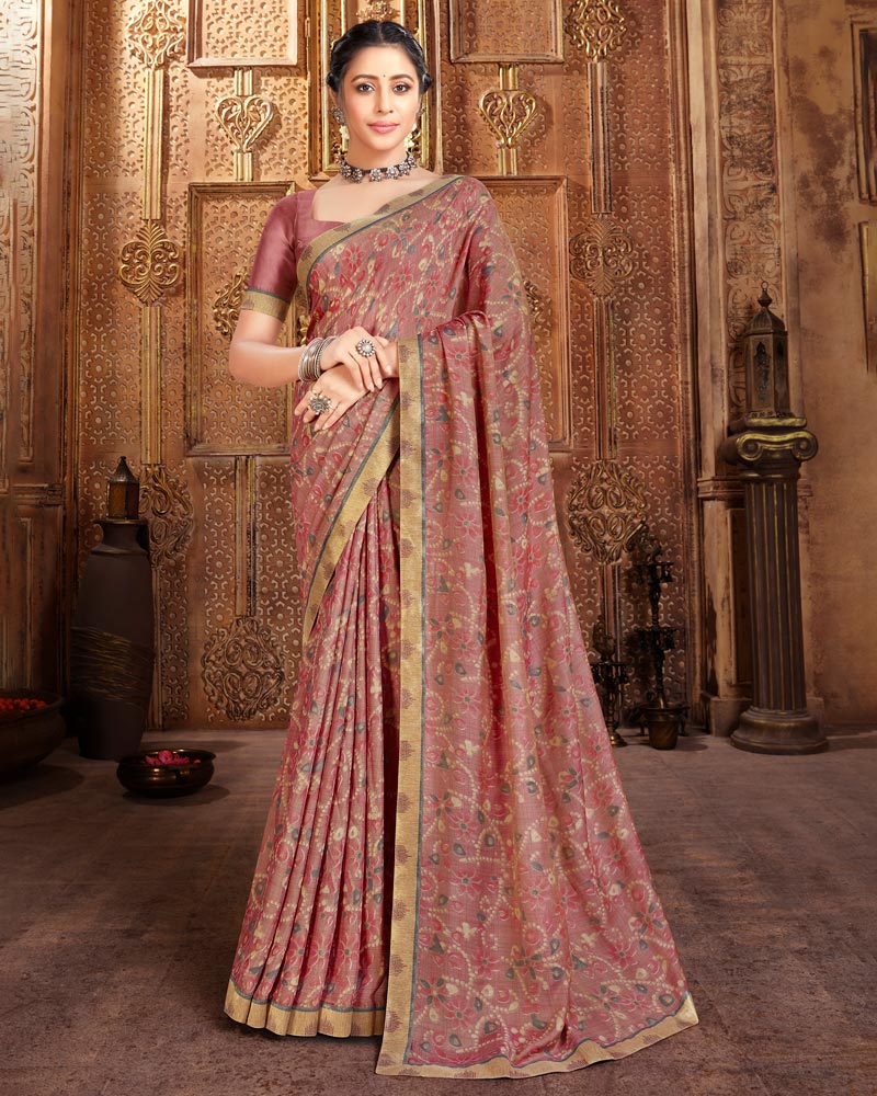 Vishal Prints Pastel Brown Printed Cotton Crepe Saree With Fancy Border