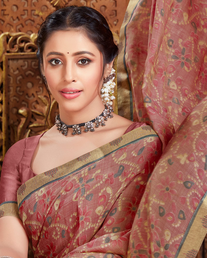 Vishal Prints Pastel Brown Printed Cotton Crepe Saree With Fancy Border