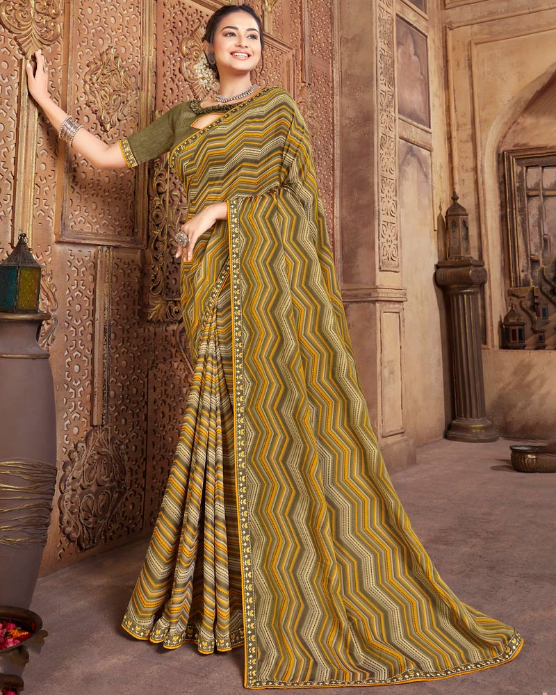 Vishal Prints Dark Mustard Printed Cotton Crepe Saree With Fancy Border
