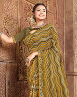 Vishal Prints Dark Mustard Printed Cotton Crepe Saree With Fancy Border