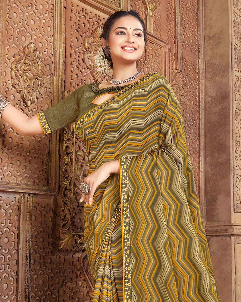 Vishal Prints Dark Mustard Printed Cotton Crepe Saree With Fancy Border