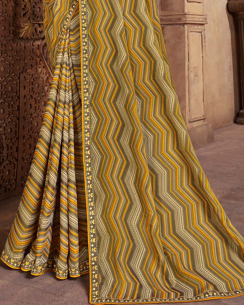 Vishal Prints Dark Mustard Printed Cotton Crepe Saree With Fancy Border
