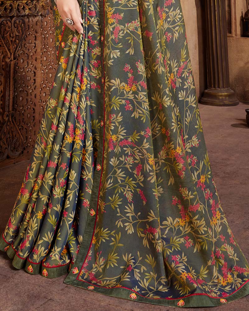 Vishal Prints Davy Grey Printed Cotton Crepe Saree With Fancy Border