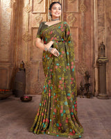 Vishal Prints Olive Green Printed Cotton Crepe Saree With Fancy Border