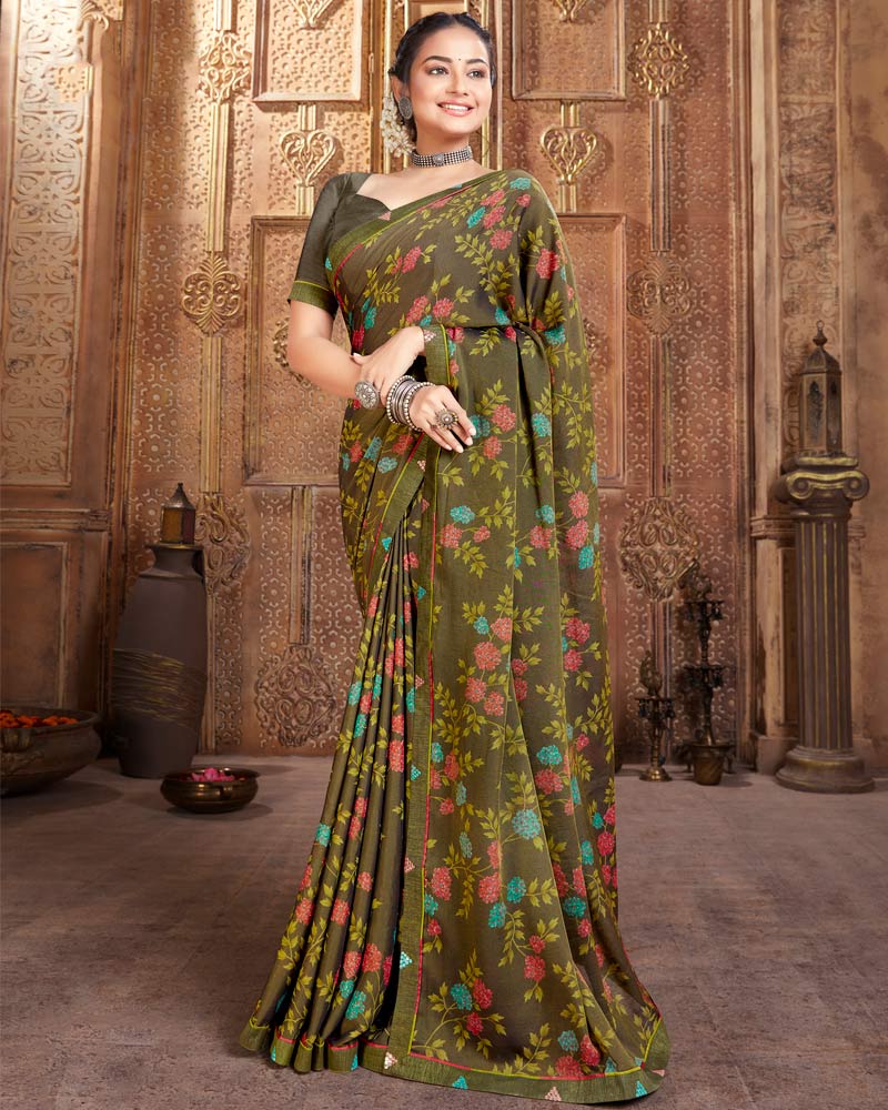 Vishal Prints Olive Green Printed Cotton Crepe Saree With Fancy Border