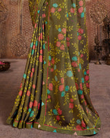 Vishal Prints Olive Green Printed Cotton Crepe Saree With Fancy Border