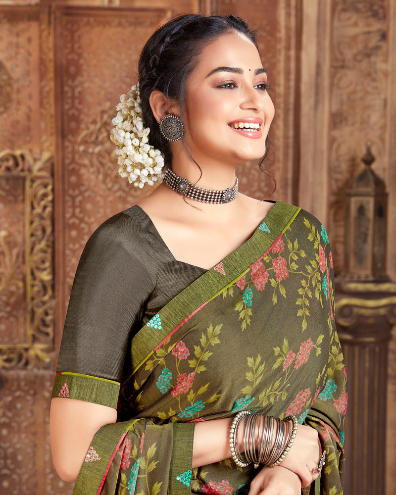 Vishal Prints Olive Green Printed Cotton Crepe Saree With Fancy Border