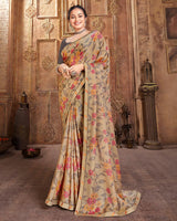 Vishal Prints Dark Beige Printed Cotton Crepe Saree With Fancy Border
