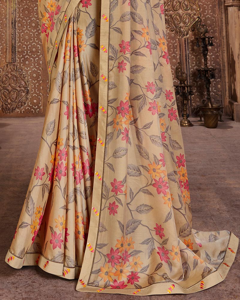 Vishal Prints Dark Beige Printed Cotton Crepe Saree With Fancy Border