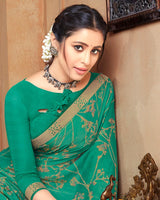 Vishal Prints Teal Green Printed Cotton Crepe Saree With Fancy Border