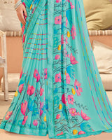 Vishal Prints Turquoise Blue Printed Georgette Saree With Fancy Border