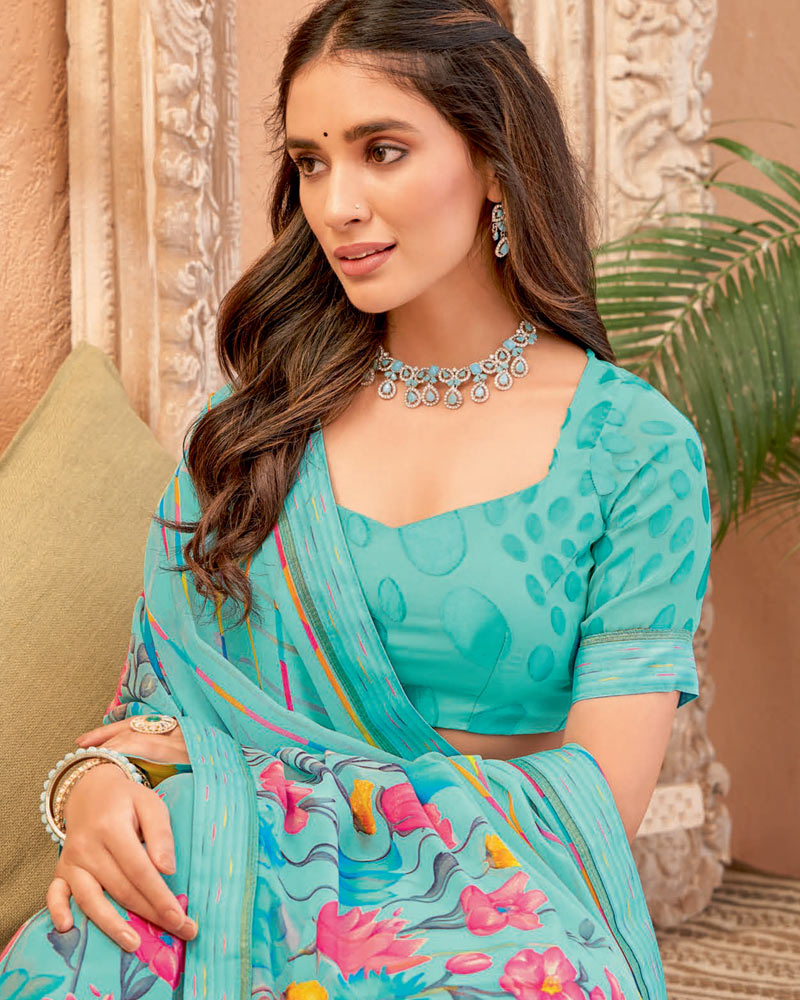 Vishal Prints Turquoise Blue Printed Georgette Saree With Fancy Border