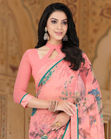 Vishal Prints Peach Printed Georgette Saree With Border