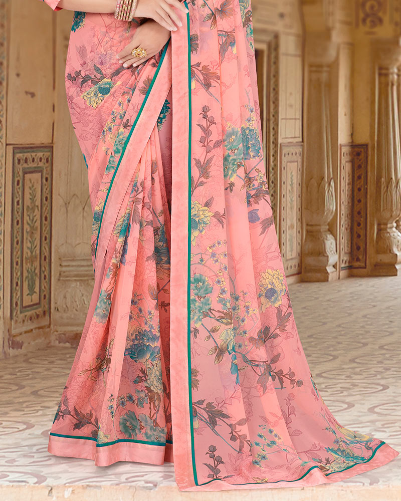 Vishal Prints Peach Printed Georgette Saree With Border