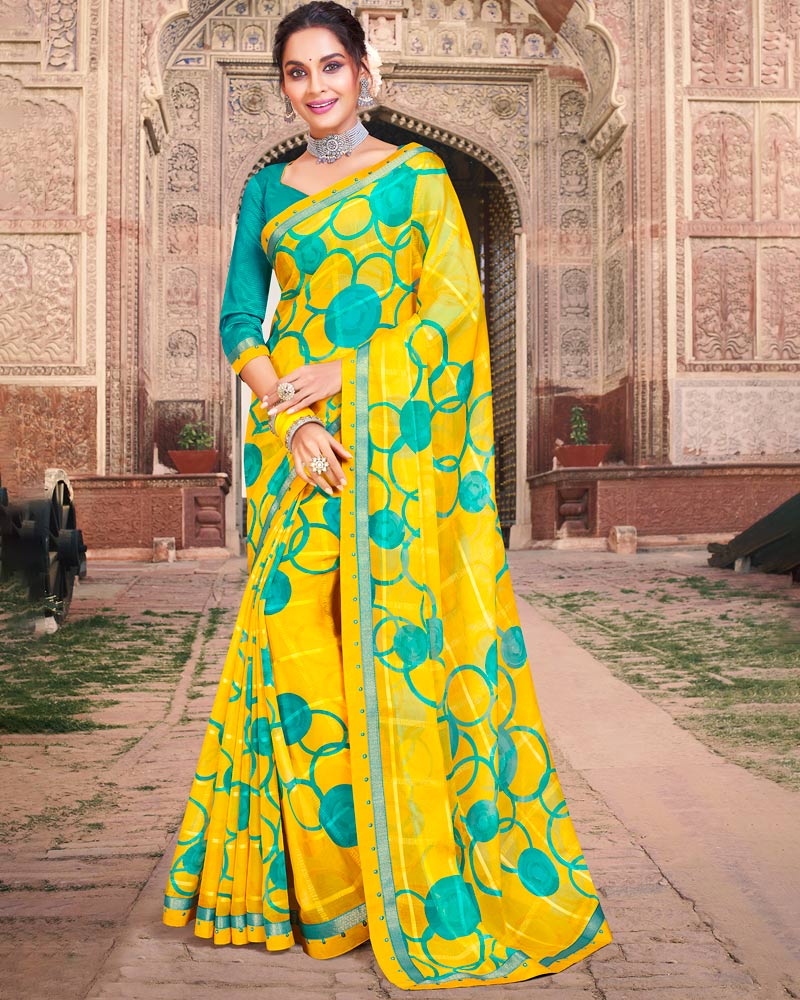 Vishal Prints Yellow Printed Georgette Saree With Border