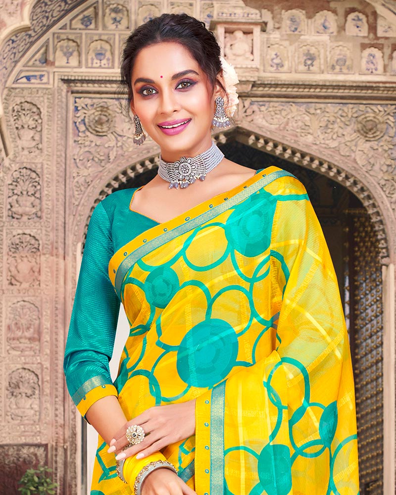 Vishal Prints Yellow Printed Georgette Saree With Border