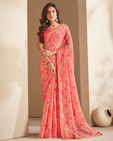 Vishal Prints Pastel Red Printed Chiffon Saree With Border